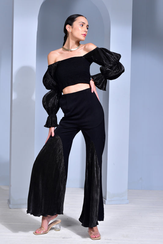 Cosmo Black Fit & Flared Pants with Pleated Satin Panel