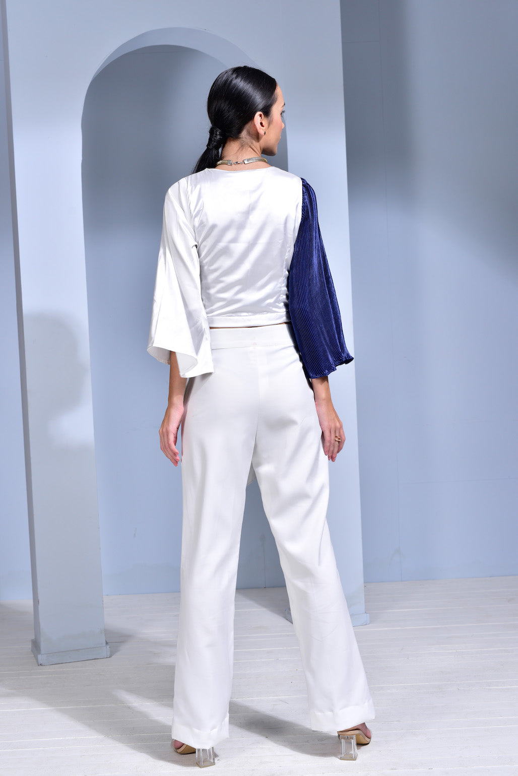 Blue Lagoon Half & Half Draped Top - White & Blue