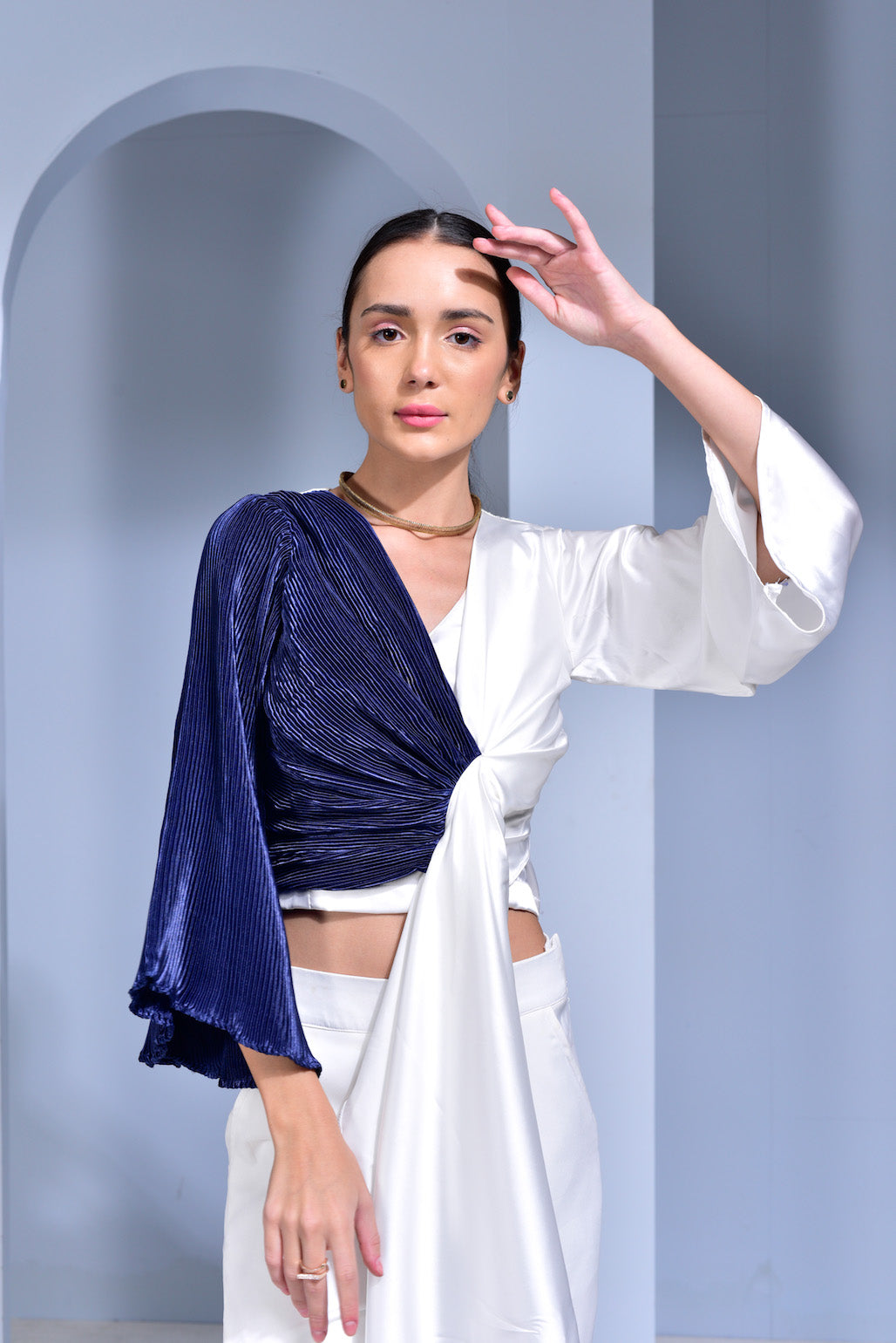 Blue Lagoon Half & Half Draped Top - White & Blue