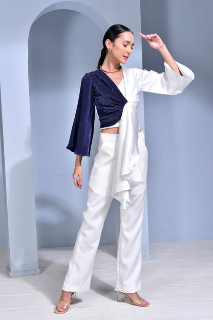 Blue Lagoon Half & Half Draped Top - White & Blue