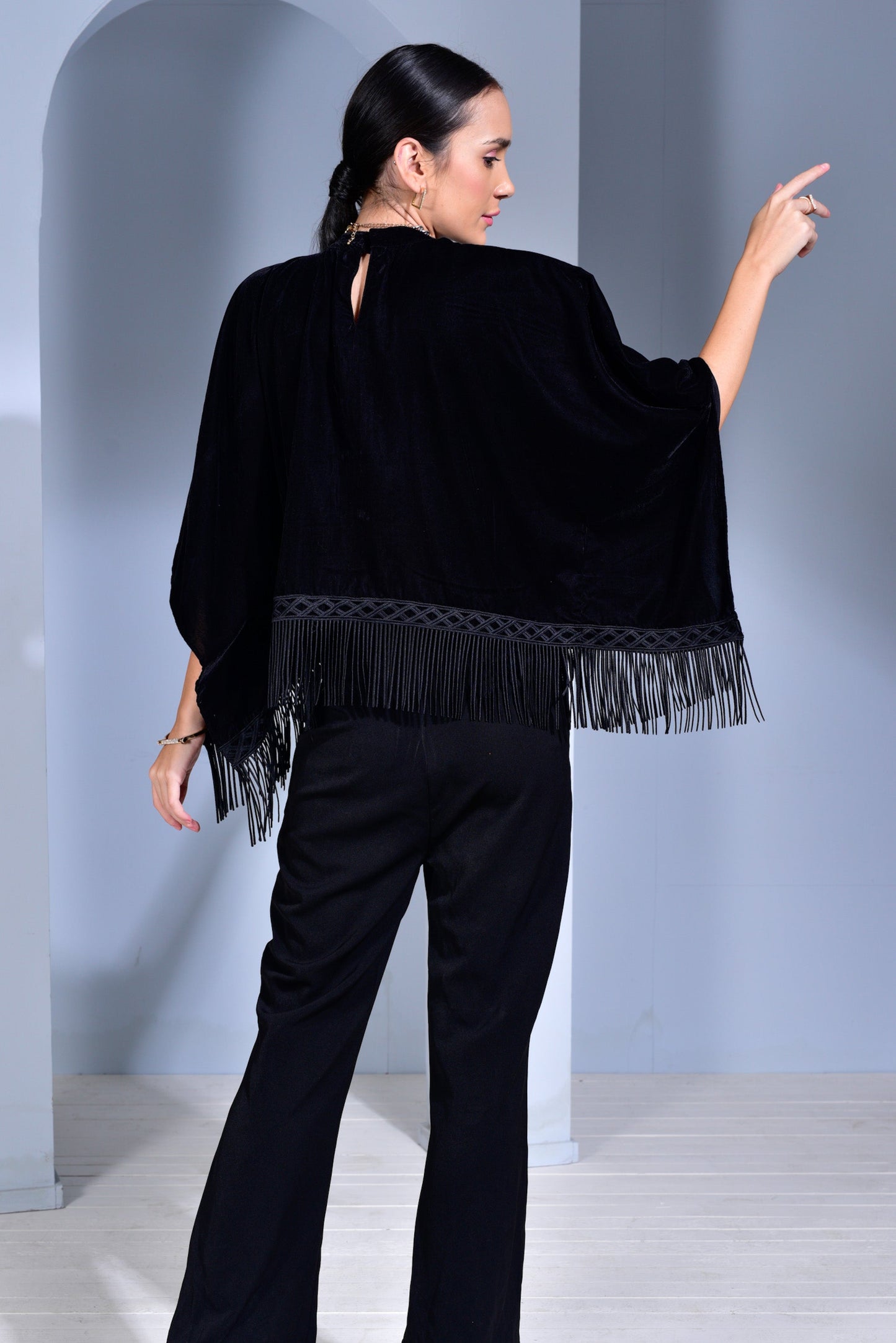 Velvet Cape with Fringes - Grey