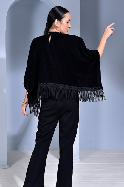 Velvet Cape with Fringes - Grey
