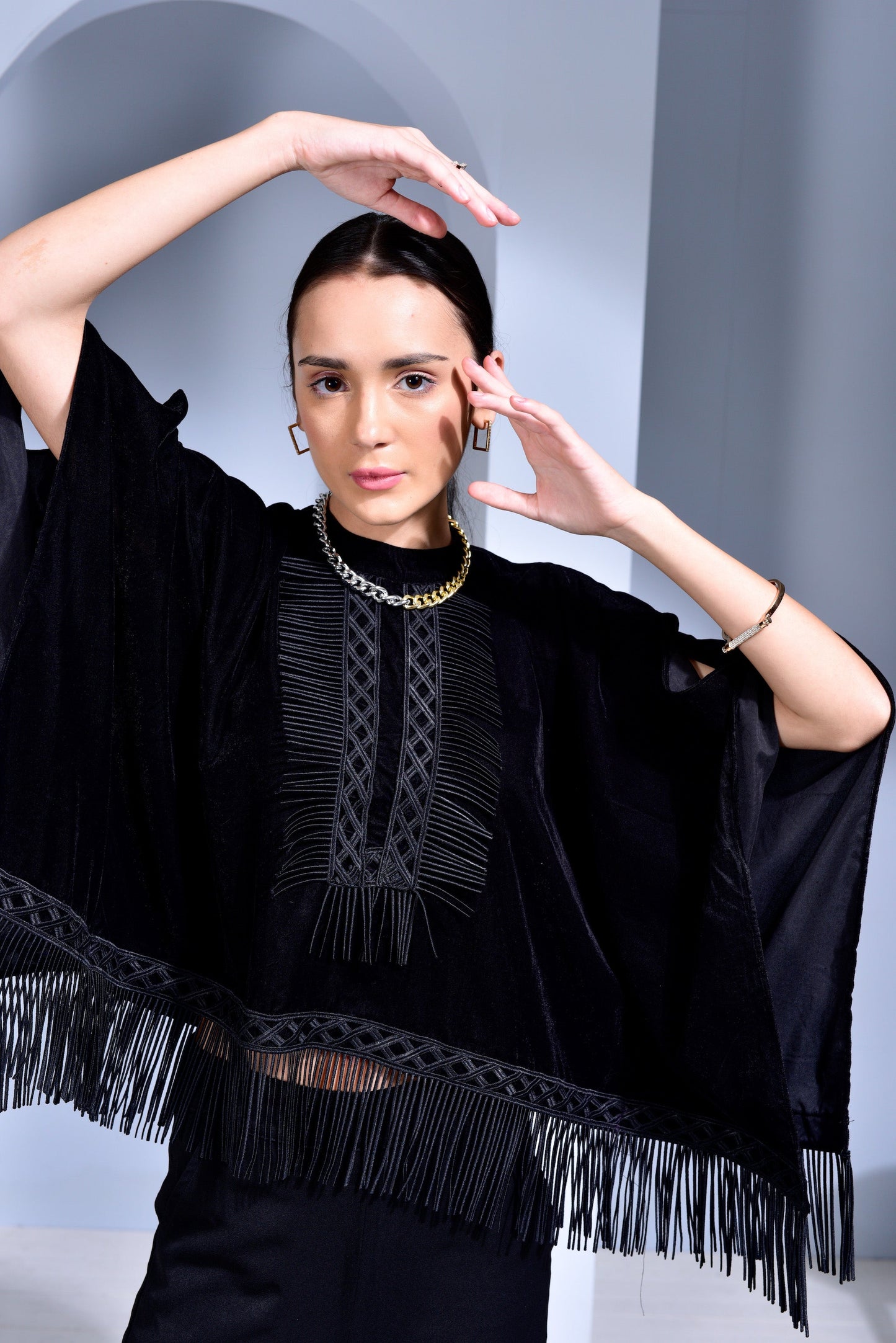 Velvet Cape with Fringes - Black