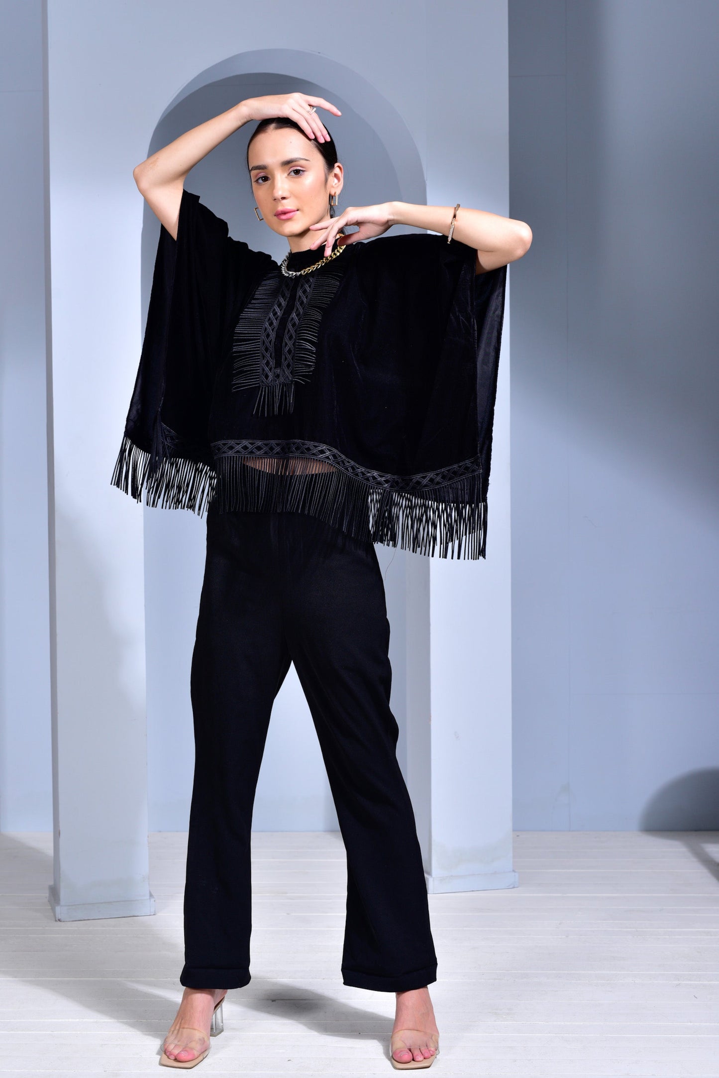 Velvet Cape with Fringes - Grey