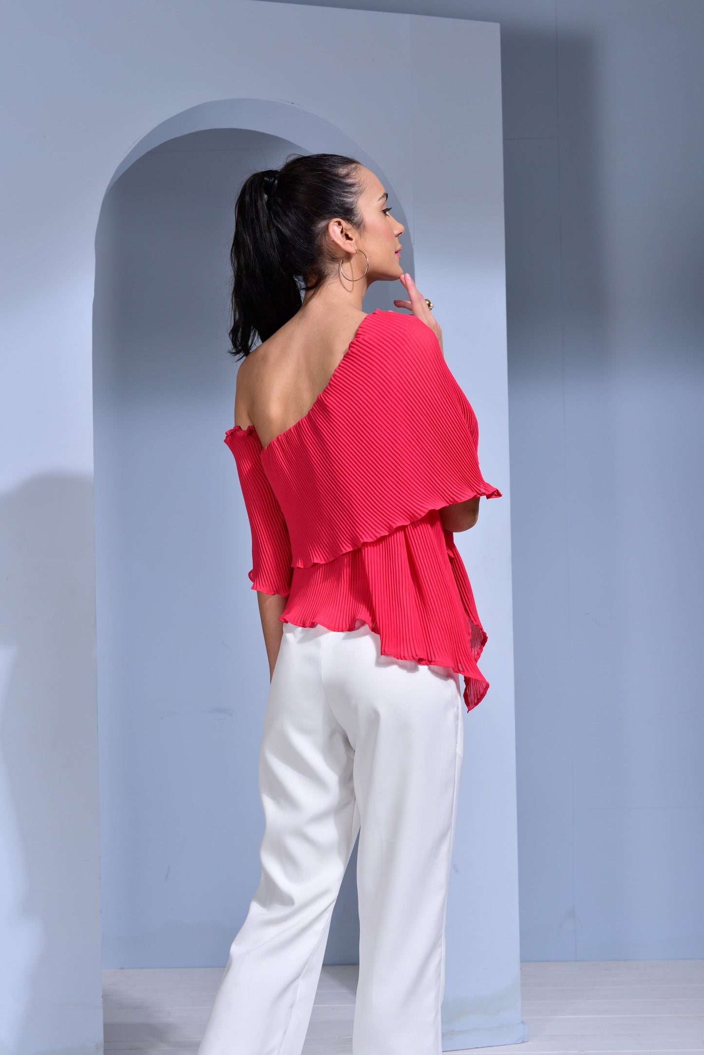Rosé Pleated Georgette Asymmetric Top - Teal
