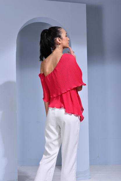 Rosé Pleated Georgette Asymmetric Top - Teal