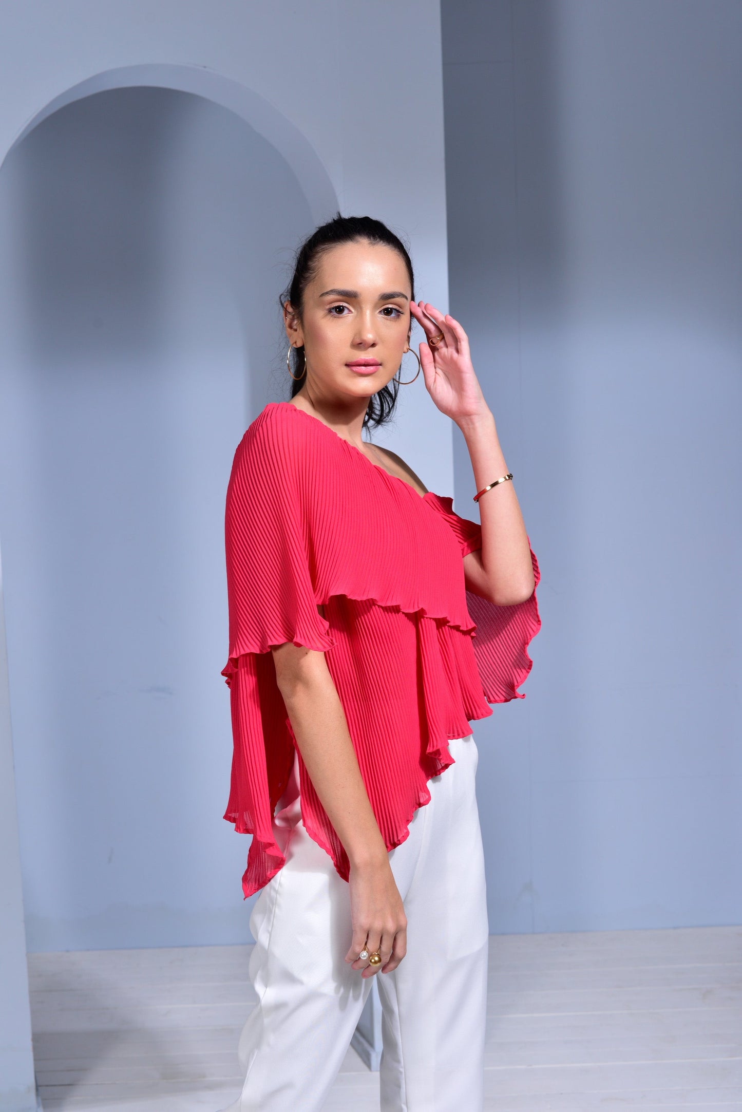 Rosé Pleated Georgette Asymmetric Top - Teal