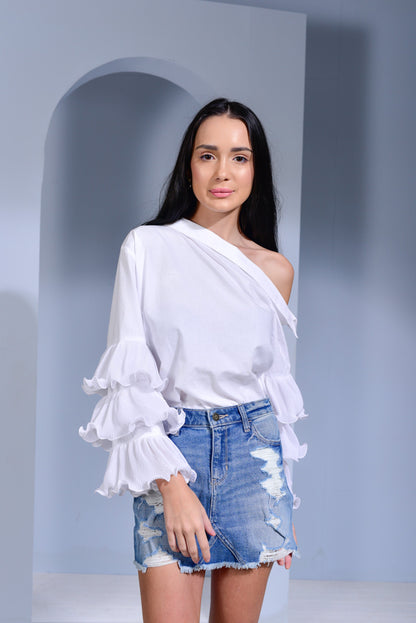 Hot Toddy Asymmetric Collar Top with Pleated Layered Ruﬄe Sleeves - White