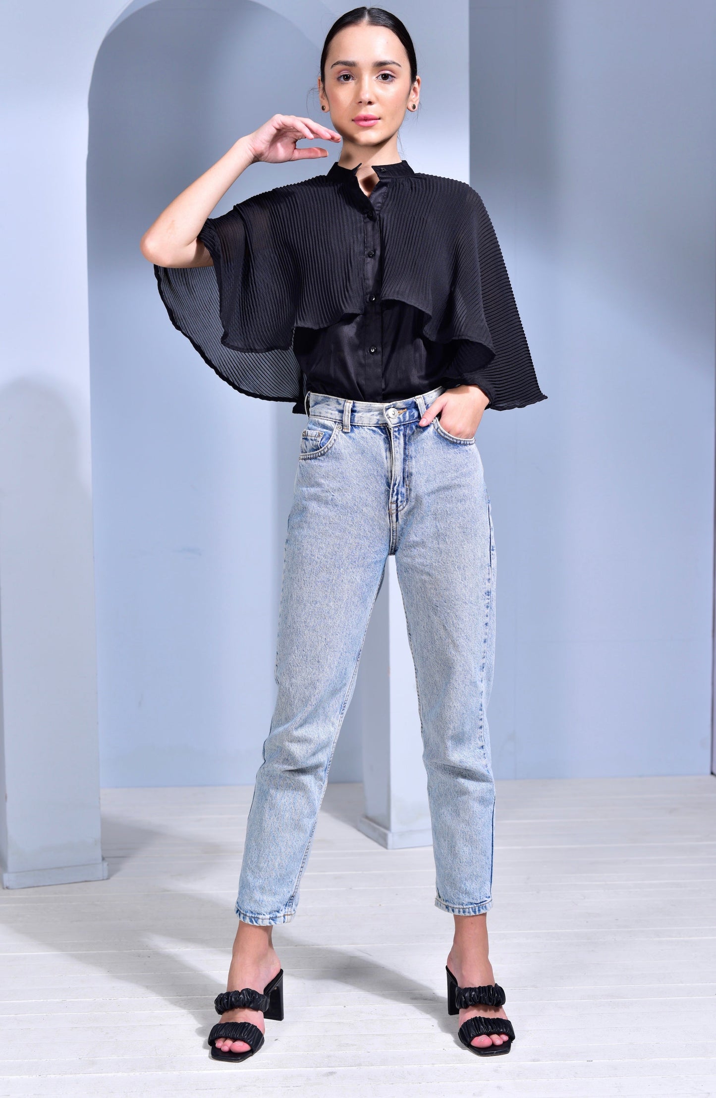 Manhattan Pleated Georgette Cape Shirt - Peach