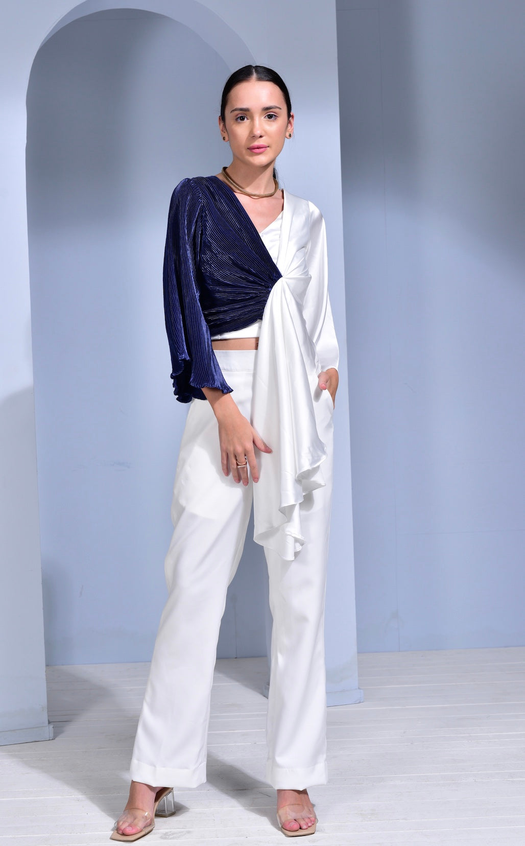 Blue Lagoon Half & Half Draped Top - White & Blue