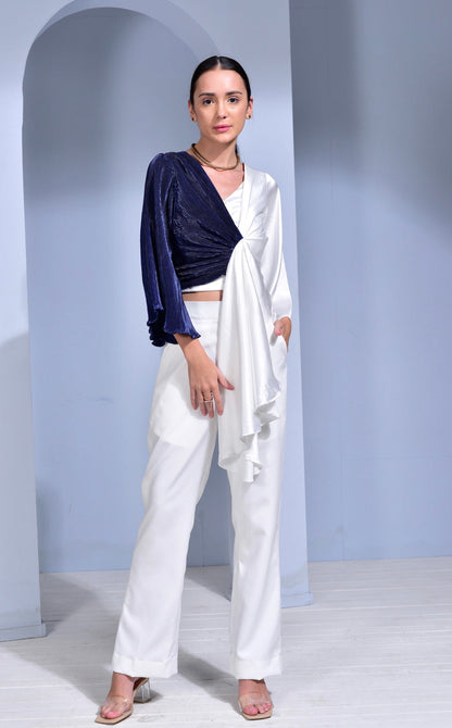 Blue Lagoon Half & Half Draped Top - White & Blue