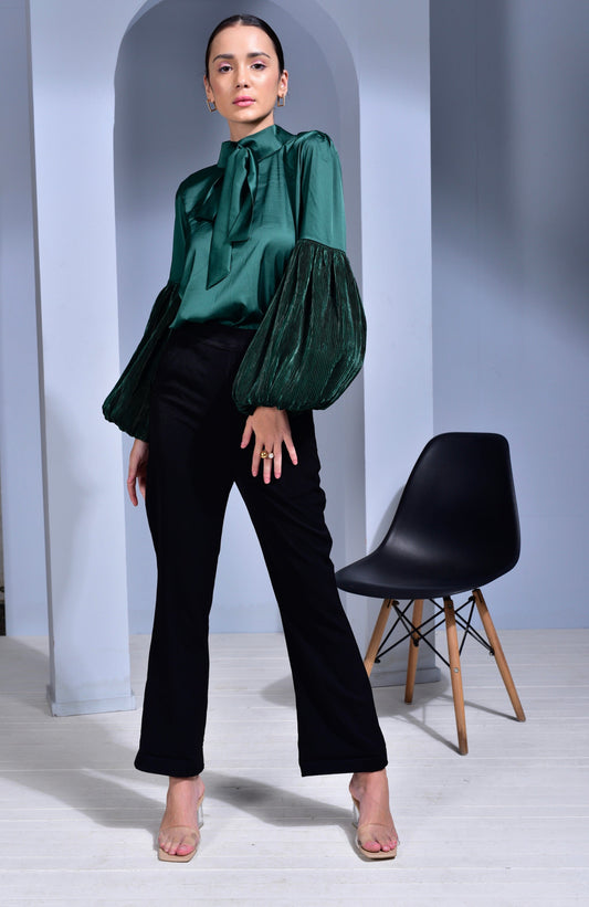 Prosecco Satin top with Voluminous Pleated Sleeves - Bottle Green
