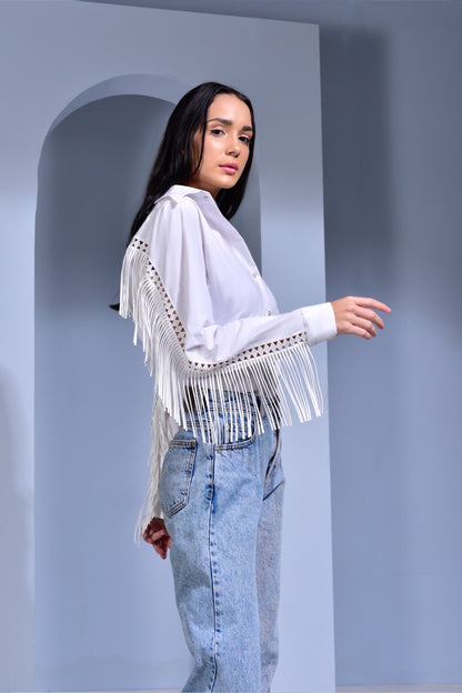 Siesta Relaxed Fit Shirt with Fringes - White