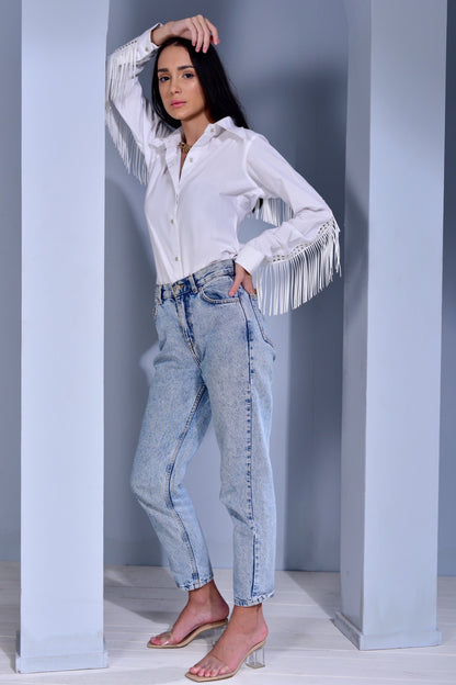 Siesta Relaxed Fit Shirt with Fringes - White