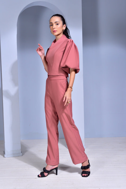 Southside Cowl Neck Puﬀ Sleeve top with Straight Fit Trousers - Set of 2 ( Rose )