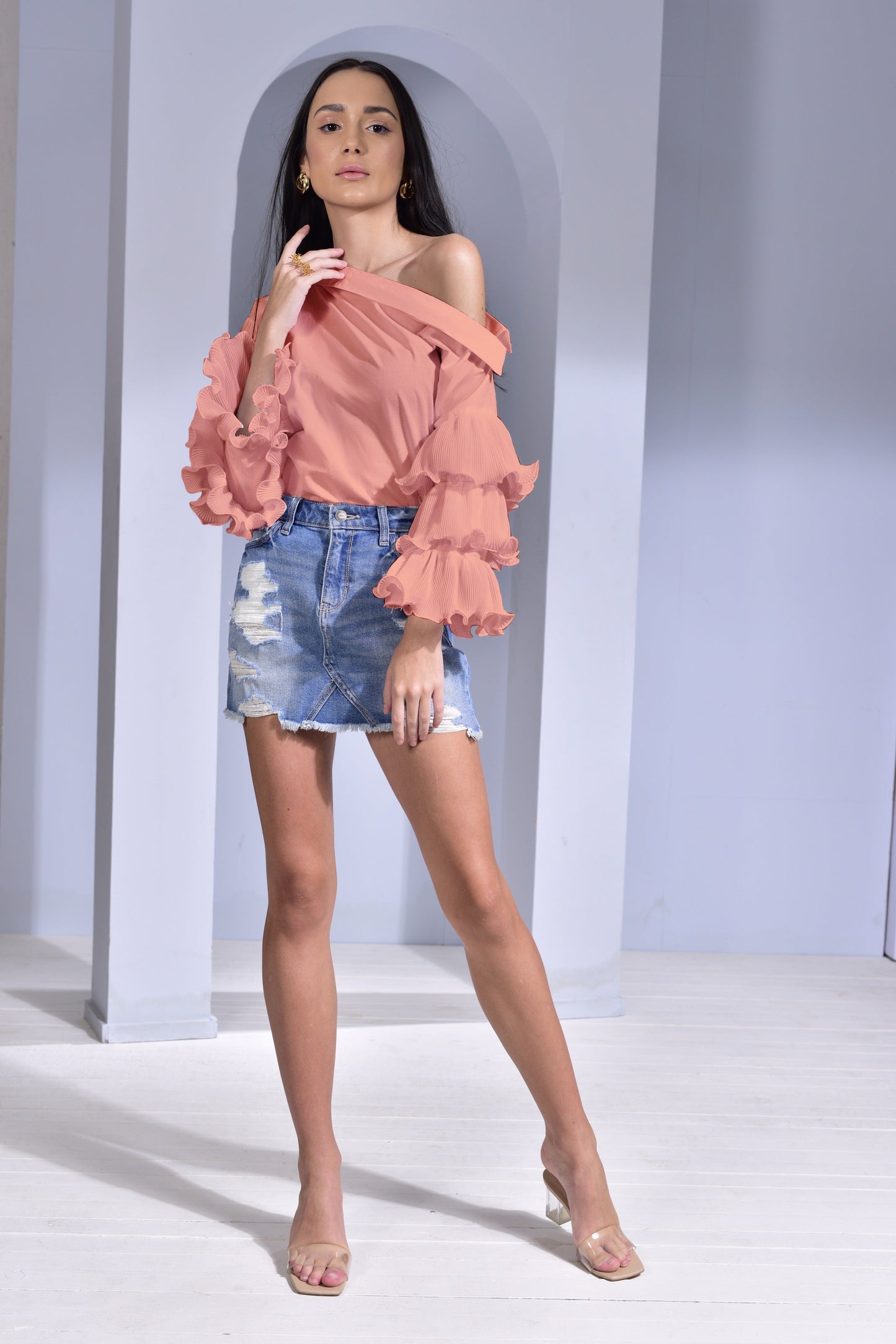 Hot Toddy Asymmetric Collar Top with Pleated Layered Ruﬄe Sleeves - White