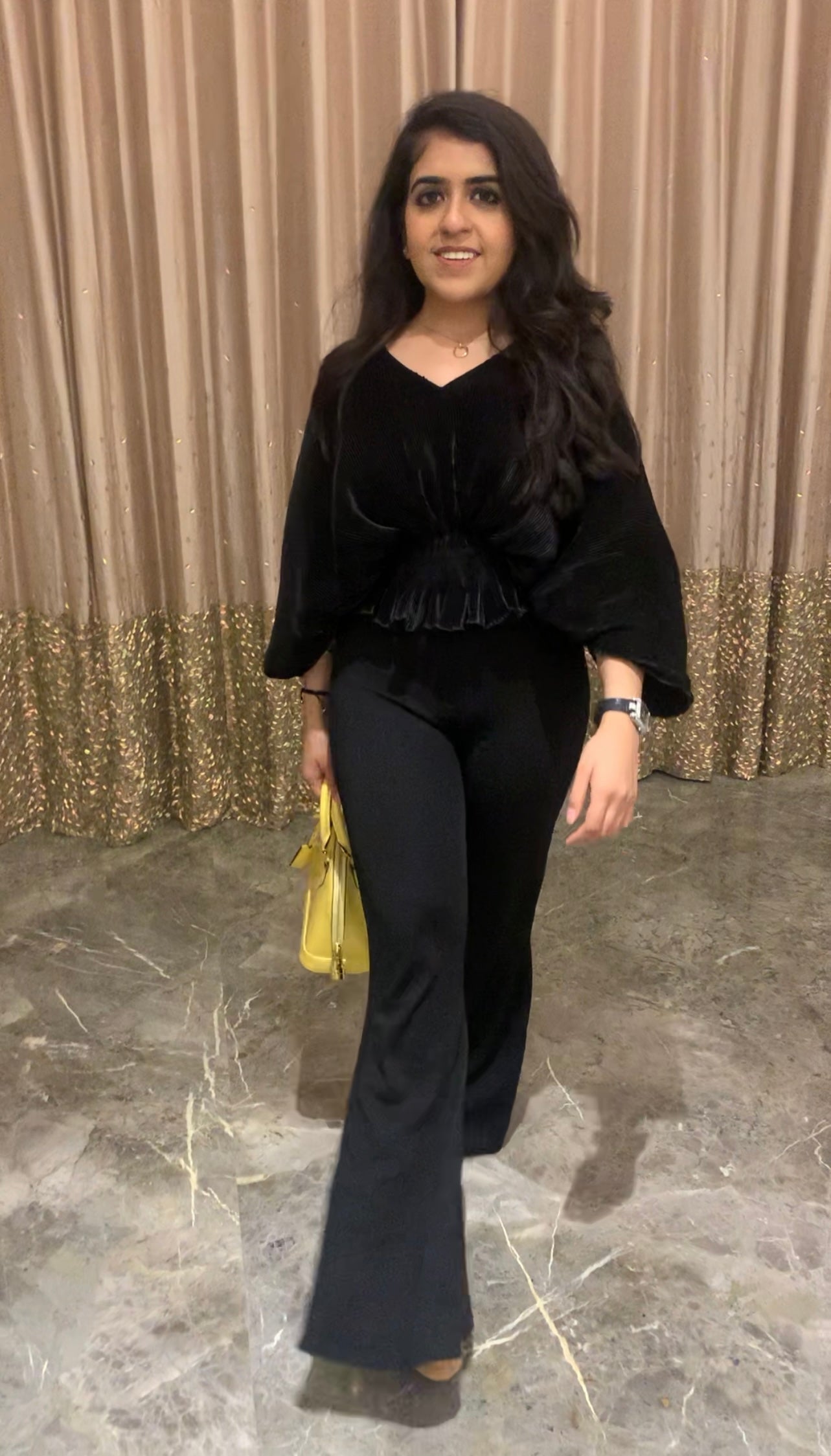 Bellini Pleated Satin smocked waist Top with Flared Pants - Set of 2 ( Black )