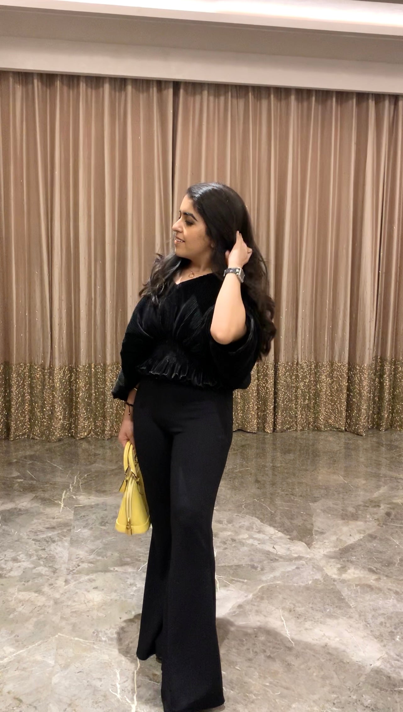 Bellini Pleated Satin smocked waist Top with Flared Pants - Set of 2 ( Black )