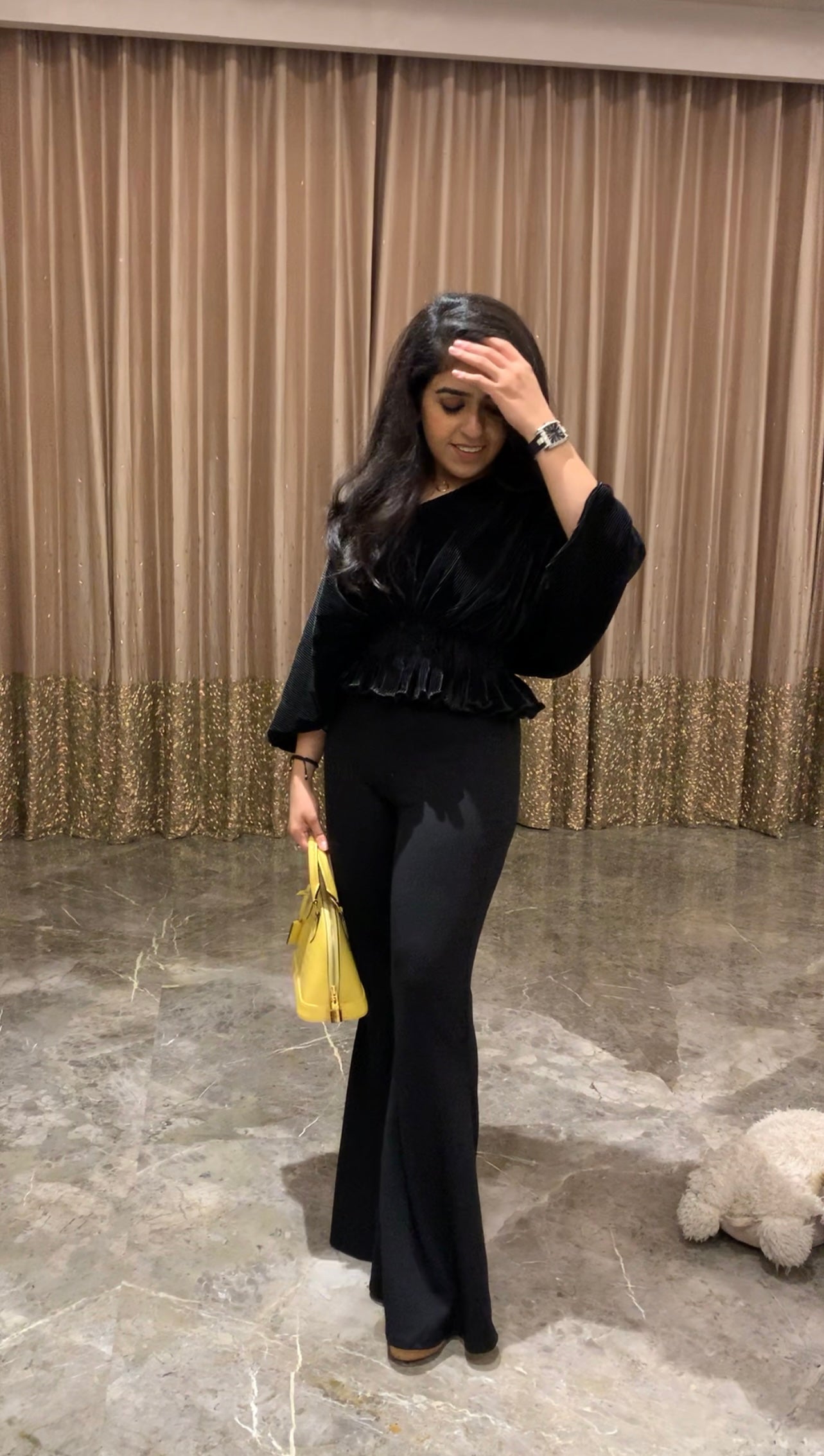 Bellini Pleated Satin smocked waist Top with Flared Pants - Set of 2 ( Black )