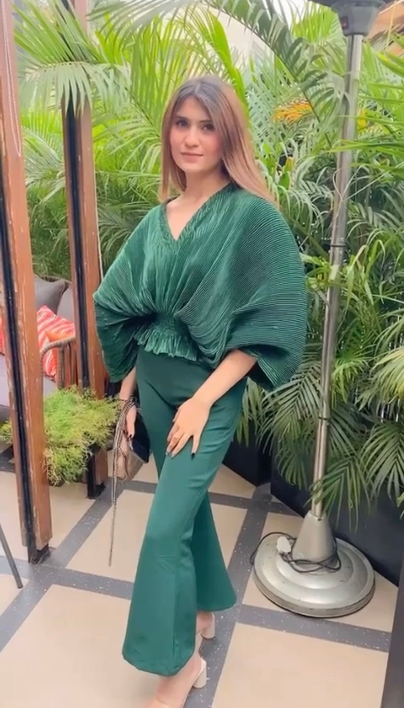 Bellini Pleated Satin smocked waist Top with Flared Pants - Set of 2 ( Bottle Green )