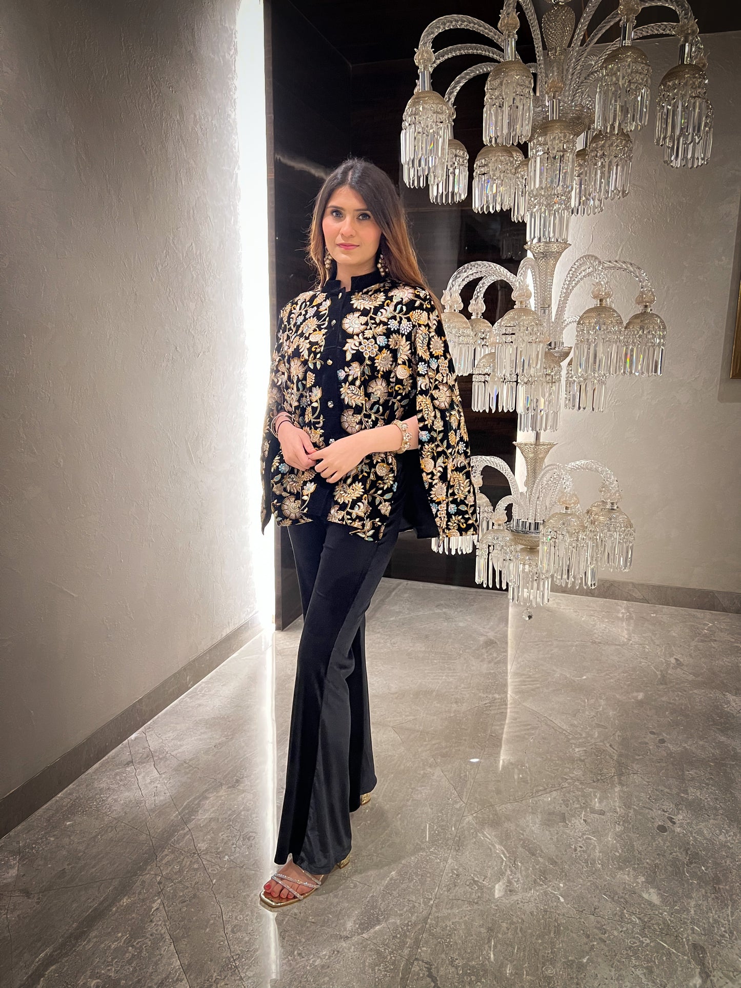 Sawera Coloured Floral Embroidered Velvet Cape with Velvet Fit & Flared Pants and Bustier - Set of 3