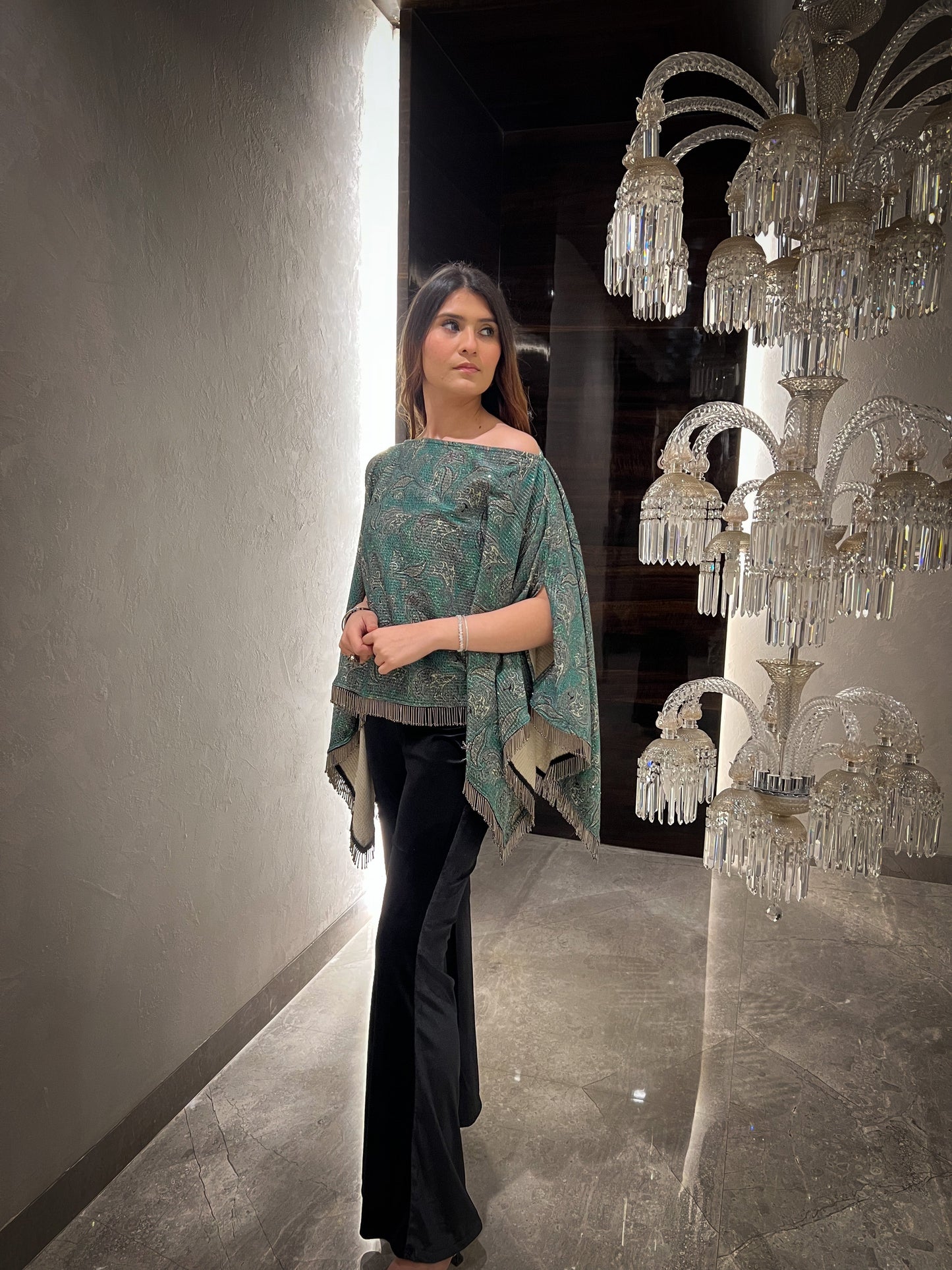 Aasira Printed Lurex Velvet Asymmetric Cape ( Teal )