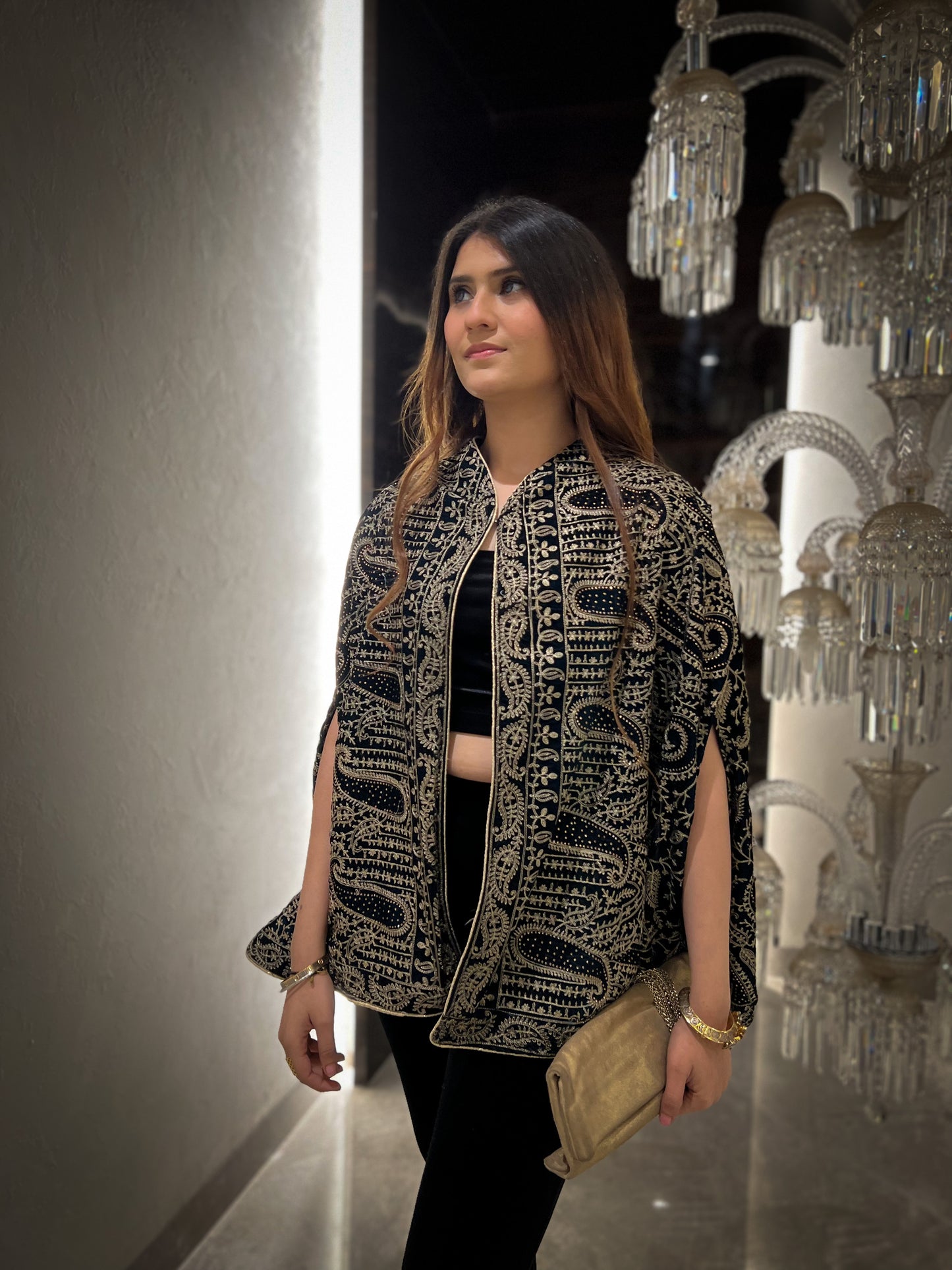 Nazam Thread-work & Swarovski Embroidered Cape with Velvet Fit & Flared Pants and Bustier - Set of 3