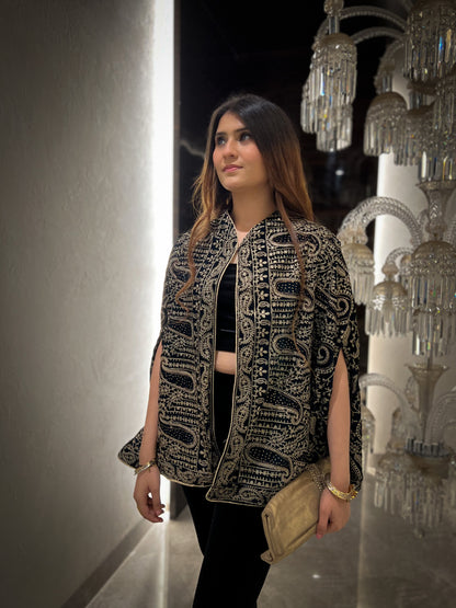 Nazam Thread-work & Swarovski Embroidered Cape with Velvet Fit & Flared Pants and Bustier - Set of 3