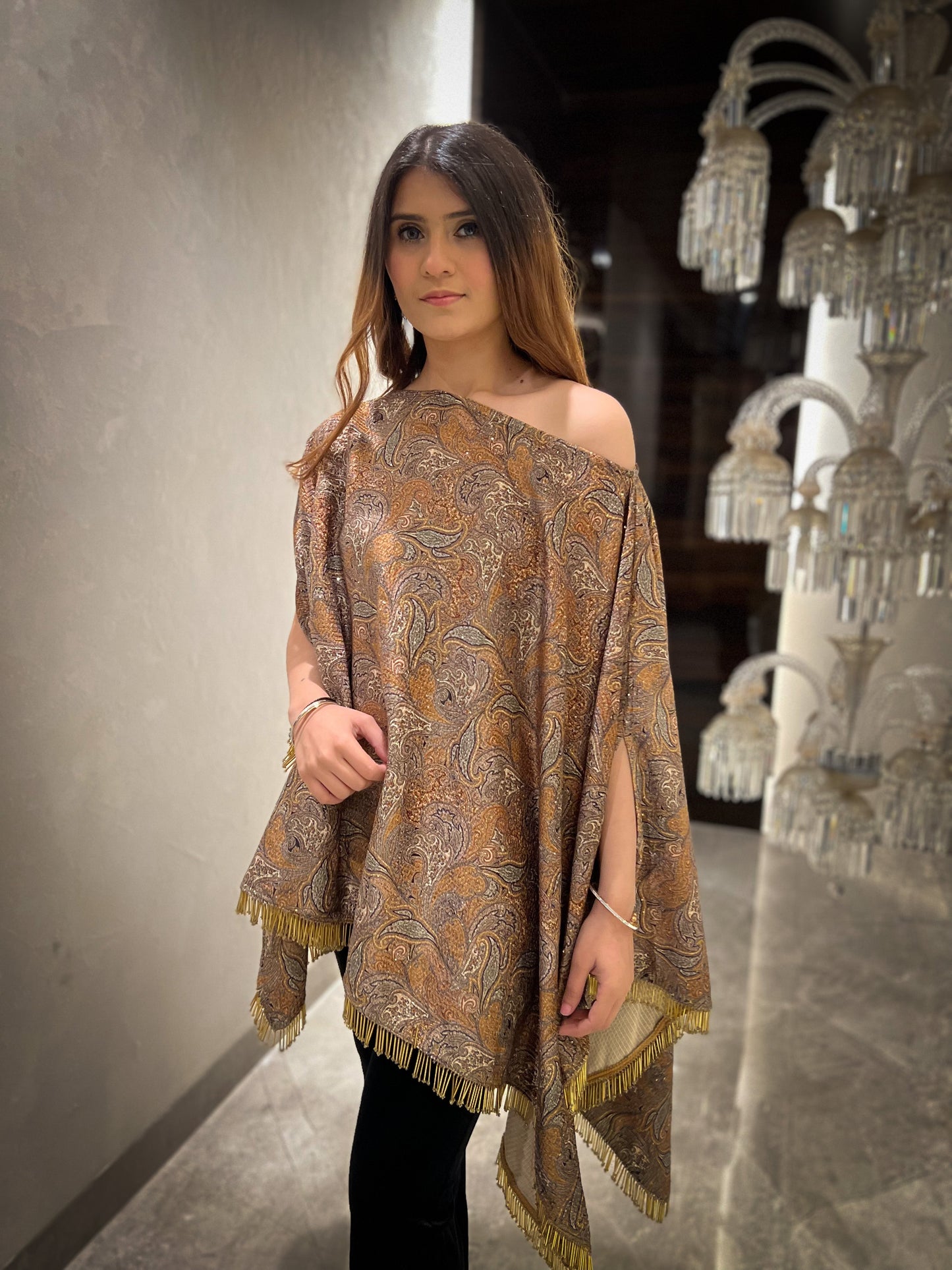 Aasira Printed Lurex Velvet Asymmetric Cape ( Mustard )
