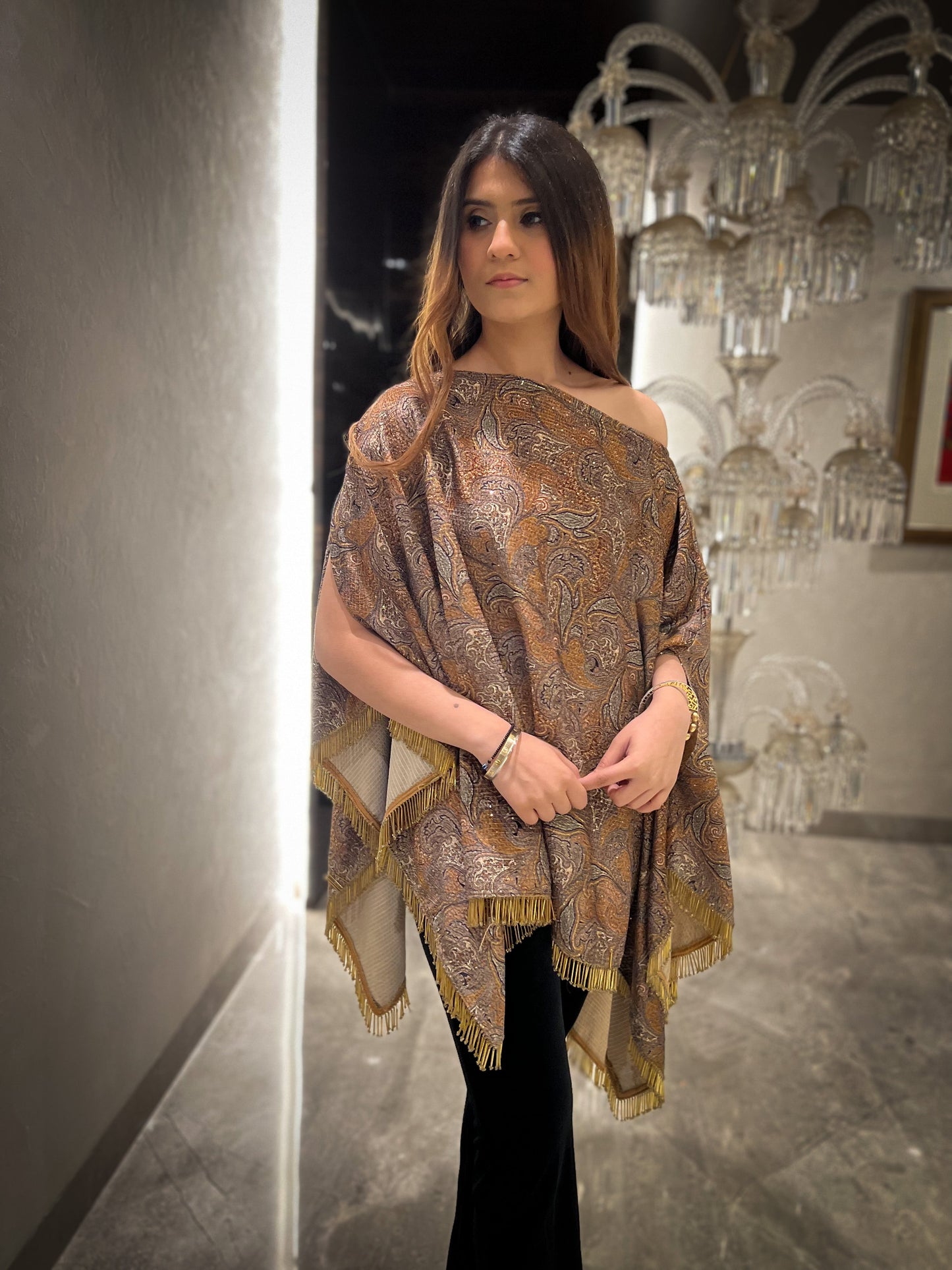 Aasira Printed Lurex Velvet Asymmetric Cape ( Mustard )