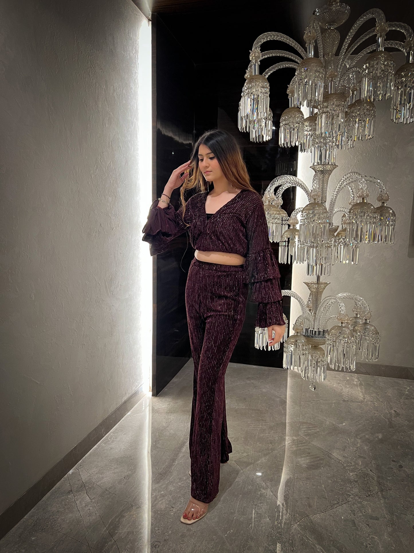 Merlot Lurex Velvet 3 Tiered Flared Sleeves Top with Fit & Flared Pants - Set of 2 ( Burgundy )
