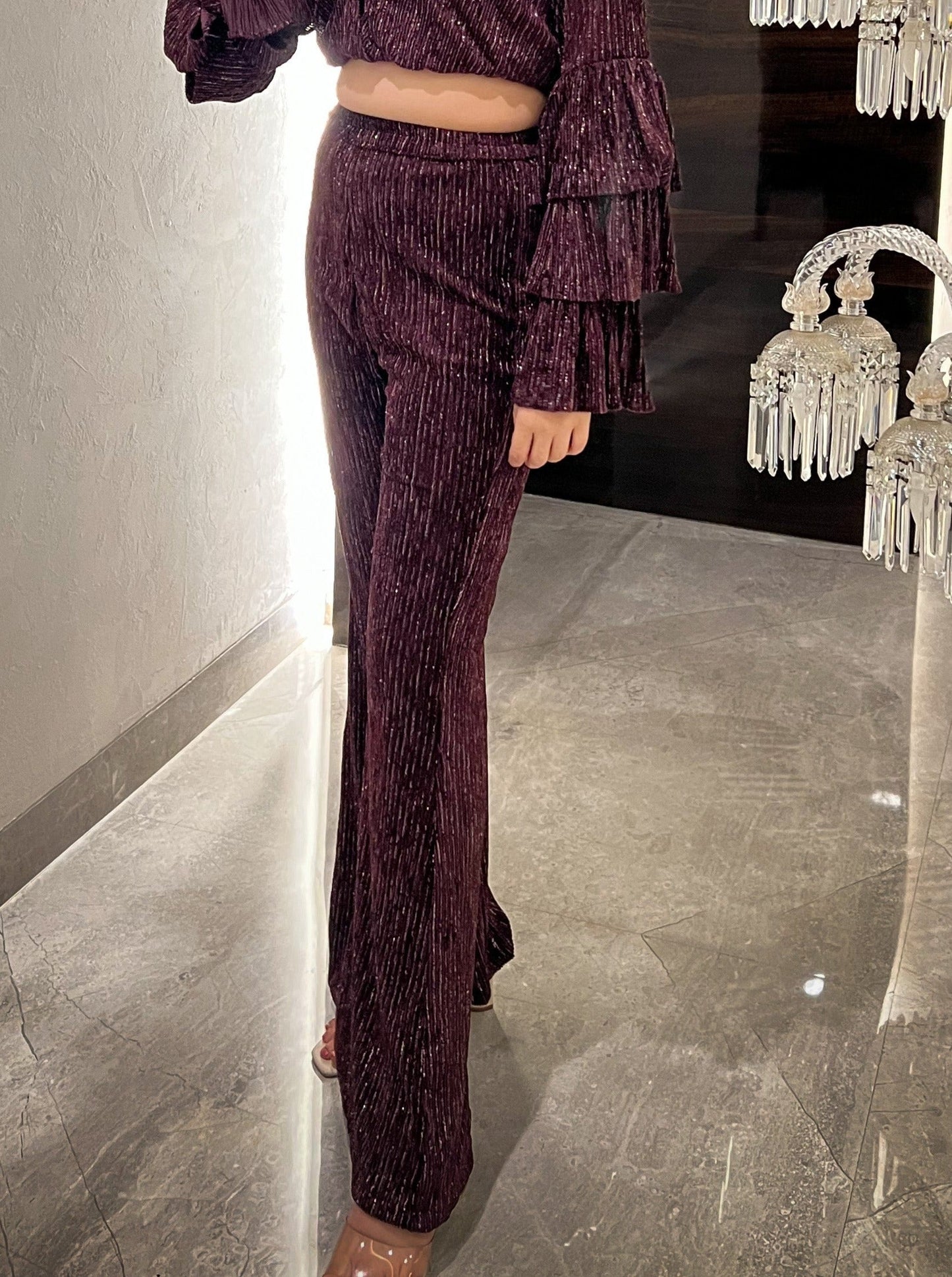 Glimmer Lurex Velvet Fit & Flared Pants ( Burgundy )