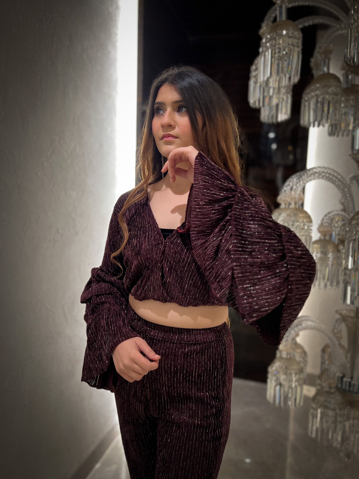 Merlot Lurex Velvet 3 Tiered Flared Sleeves Top with Fit & Flared Pants - Set of 2 ( Blue )