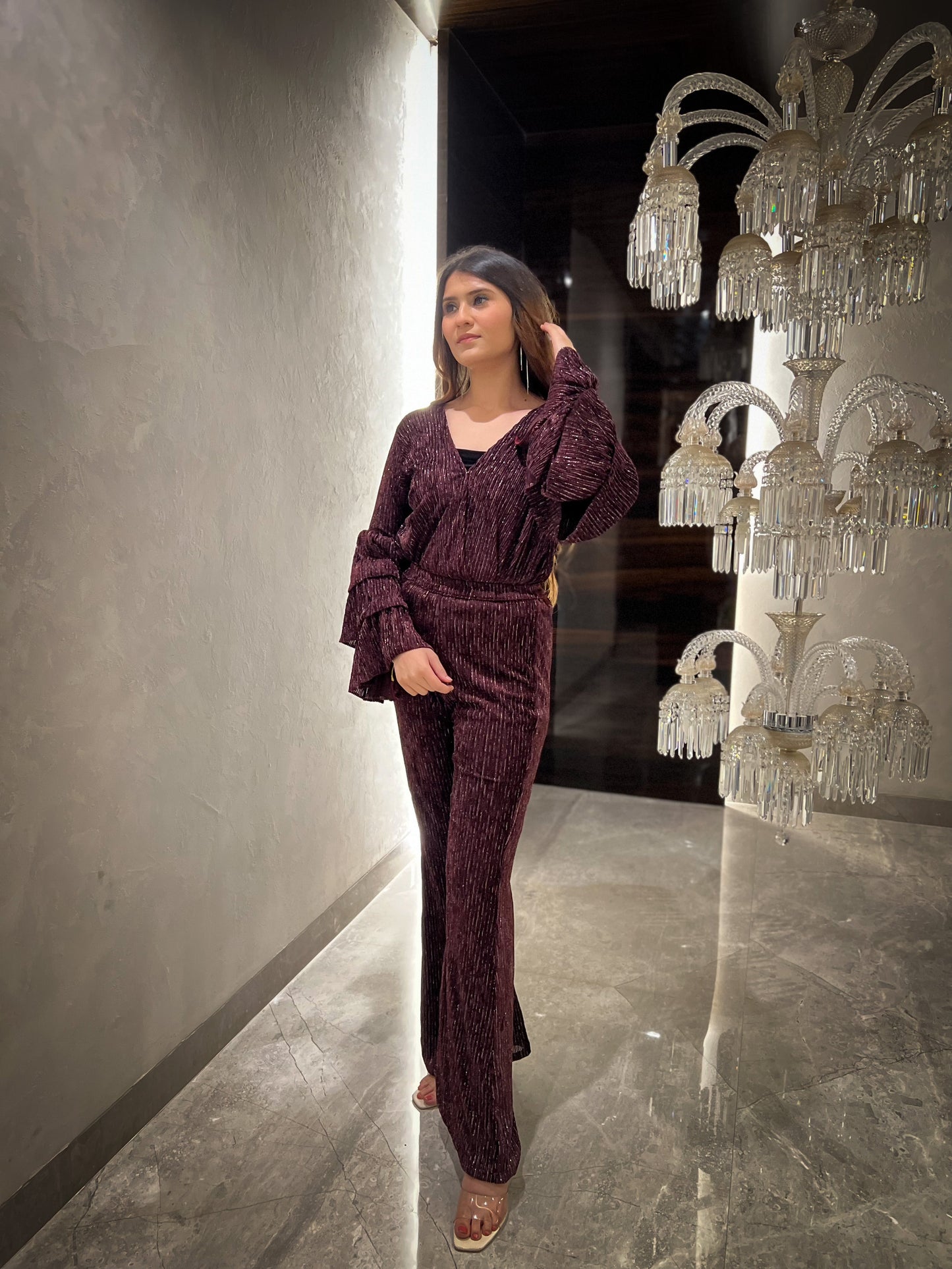 Merlot Lurex Velvet 3 Tiered Flared Sleeves Top with Fit & Flared Pants - Set of 2 ( Blue )