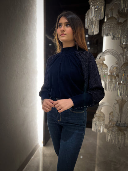 Sapphire Lurex Velvet Raglan Sleeve Top ( Teal Blue )