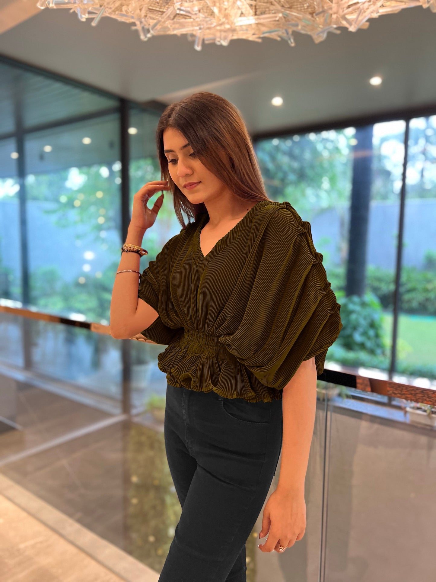 Bellini Pleated Draped Sleeves Peplum Top - Black