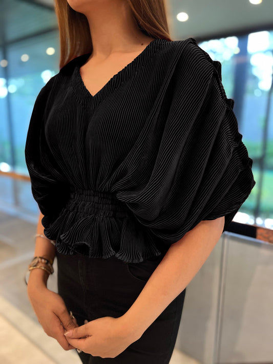 Bellini Pleated Draped Sleeves Peplum Top - Black