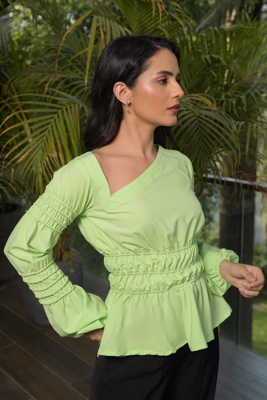 Pippin Asymmetric Neckline Ruched Peplum Top ( Lime Green )
