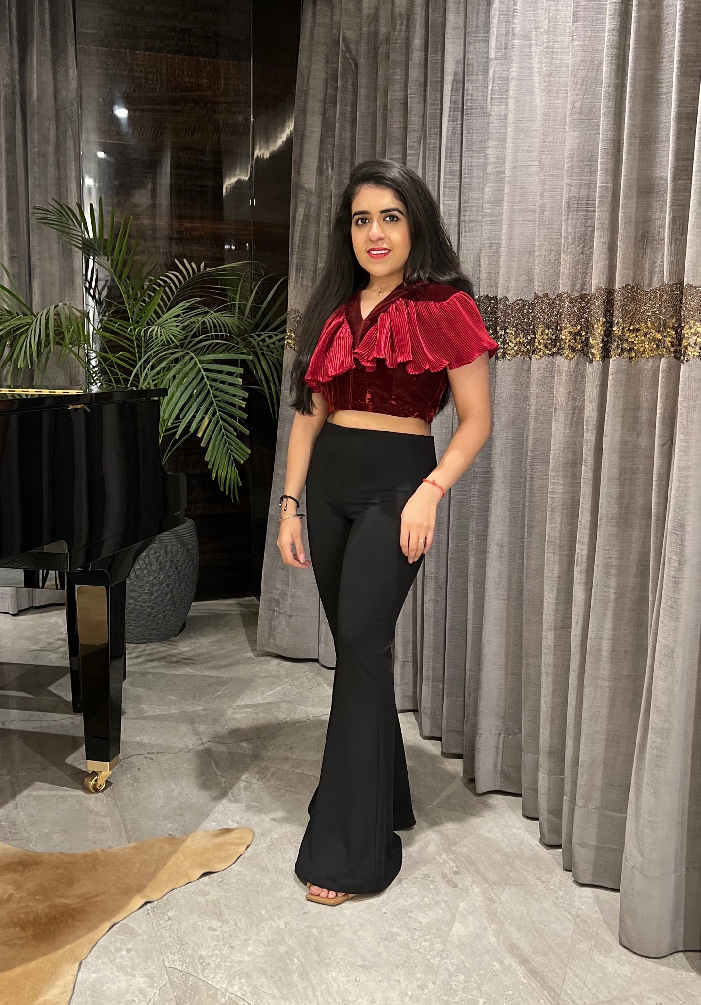 Aqua Pleated Cape on Velvet Bodice Top - Black