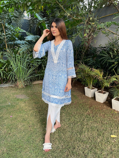Nadia Blue Abstract Print A-line Kurta with trim Detailing with Double Georgette Tulip Pants - Set of 2