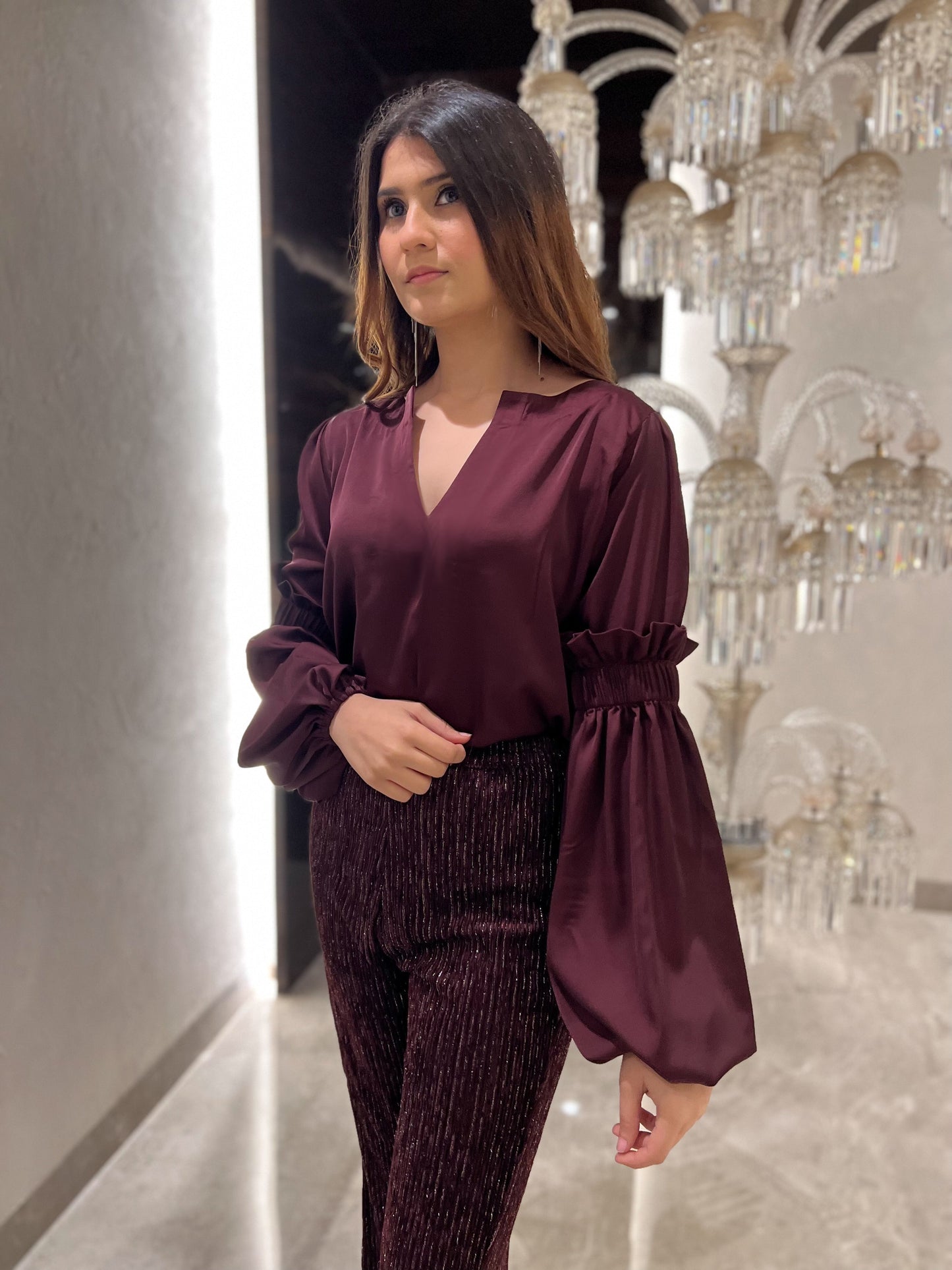Rosewood Smocked Bishop Sleeve Top ( Burgundy )