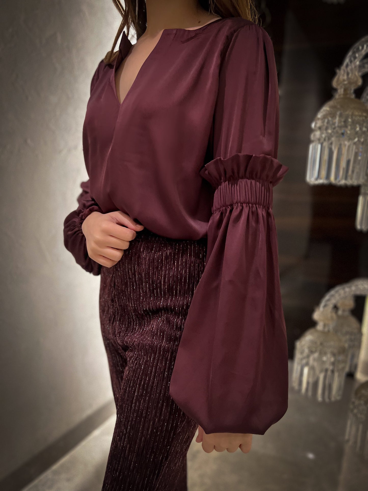 Rosewood Smocked Bishop Sleeve Top ( Burgundy )