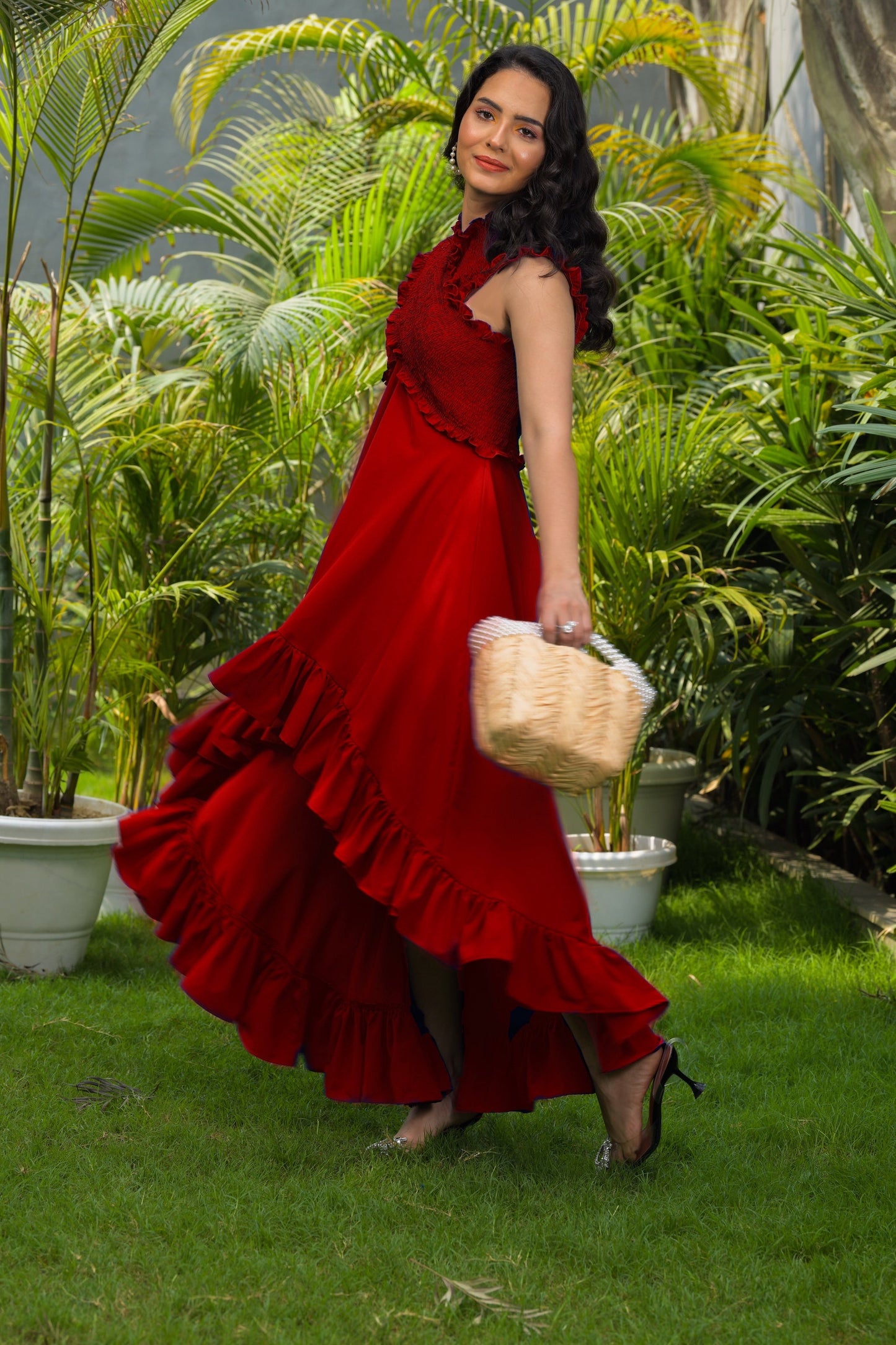 Sunset Smocked High-low Ruﬄe Dress - Black