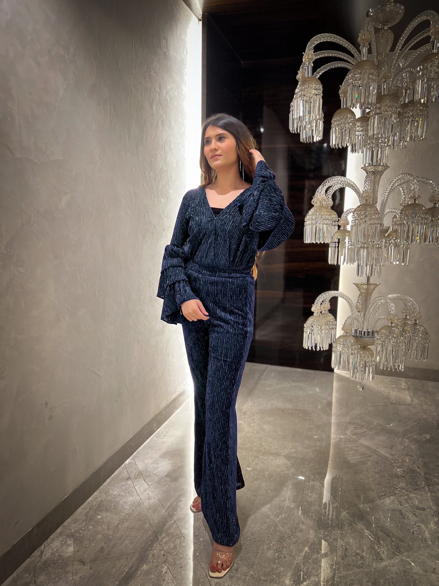 Merlot Lurex Velvet 3 Tiered Flared Sleeves Top with Fit & Flared Pants - Set of 2 ( Blue )