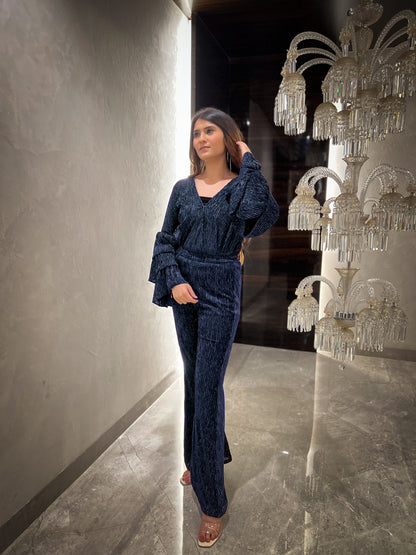 Merlot Lurex Velvet 3 Tiered Flared Sleeves Top with Fit & Flared Pants - Set of 2 ( Blue )