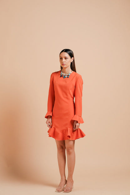 Canna Straight Fit Ruffle Dress ( Tangerine )