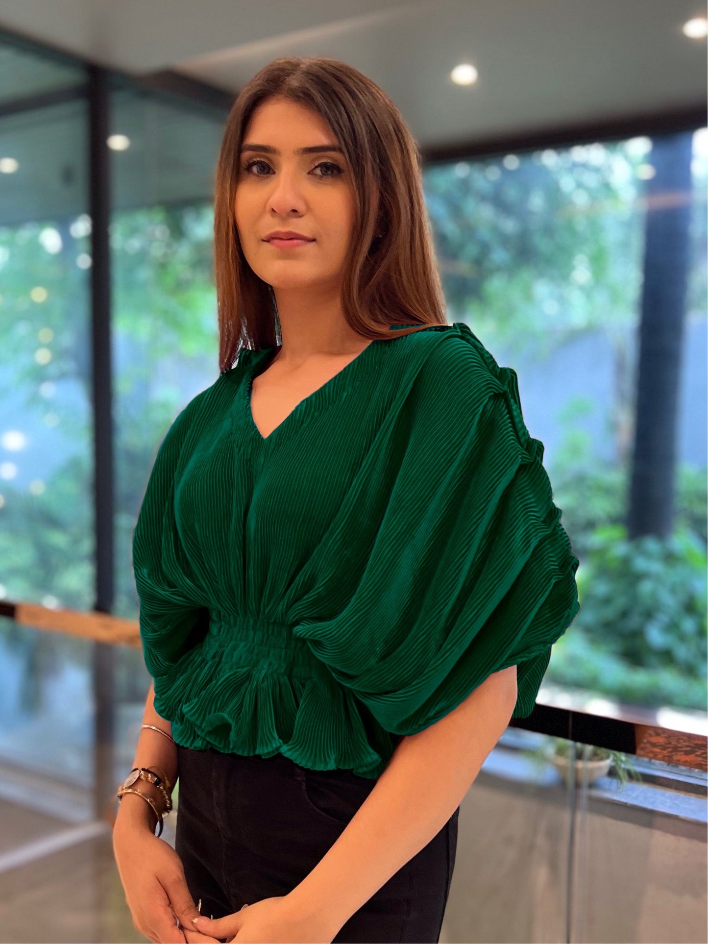 Bellini Pleated Draped Sleeves Peplum Top - Black