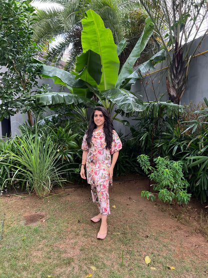Hana Abstract Floral Print draped cowl neck with Puff sleeves kurta and straight fit pants - Set of 2