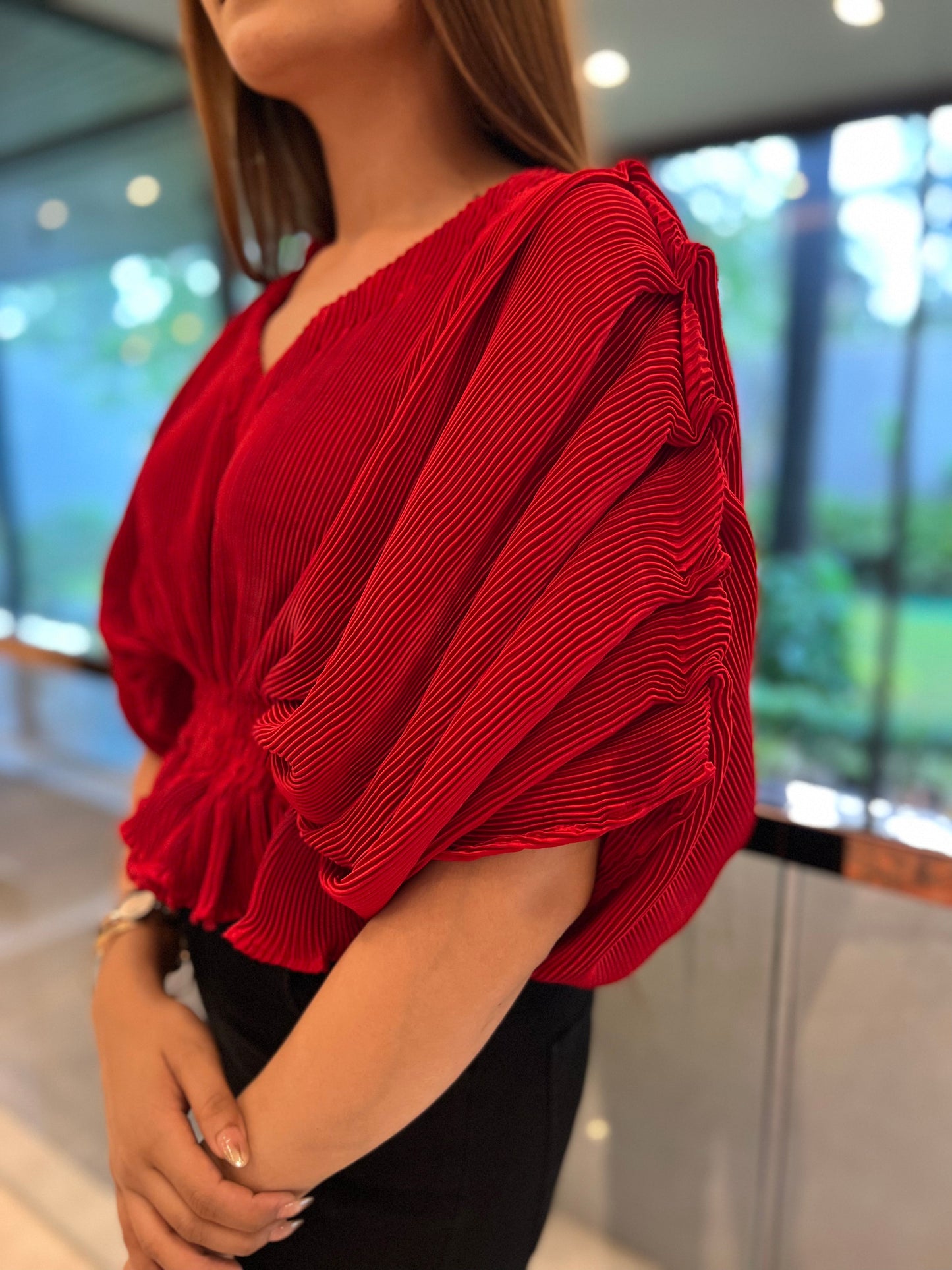 Bellini Pleated Draped Sleeves Peplum Top - Black