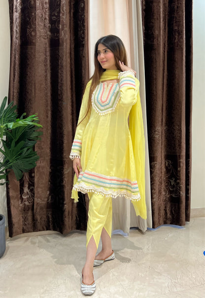 Zeenat Raw Silk Short Anarkali, Tulip Salwar and Organza Dupatta - Set of 3